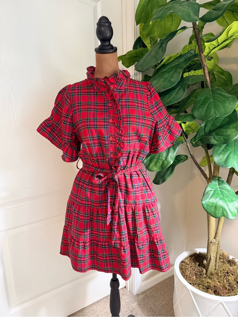 Sugarlips Red Plaid Ruffle Button-Front Mini Dress